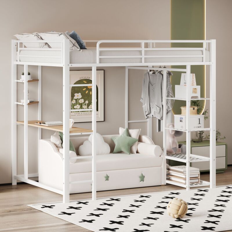 foto del prodotto letto a castello con scaletta 90x200 cm, letto per bambini con tavolino, vano contenitore, bianco