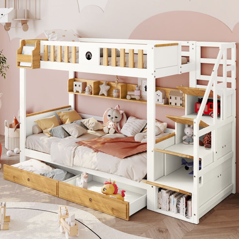 foto del prodotto letto a castello con scaletta, molto spazio per riporre gli oggetti, struttura in legno di pino e mdf, letto per bambini con 4 armadietti sulle