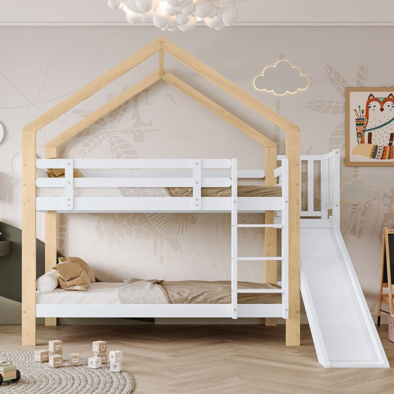 foto del prodotto letto a castello con scivolo e scala inclinata a tre livelli, letto a soppalco con protezione anticaduta, letto per bambini, struttura letto in legno