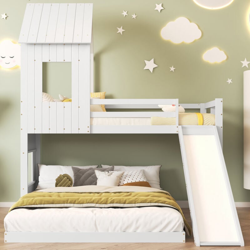 foto del prodotto letto a castello con scivolo, letto a soppalco, lettino per bambini, con barriera anticaduta, con finestra e tetto, con scala a tre gradini, pino 