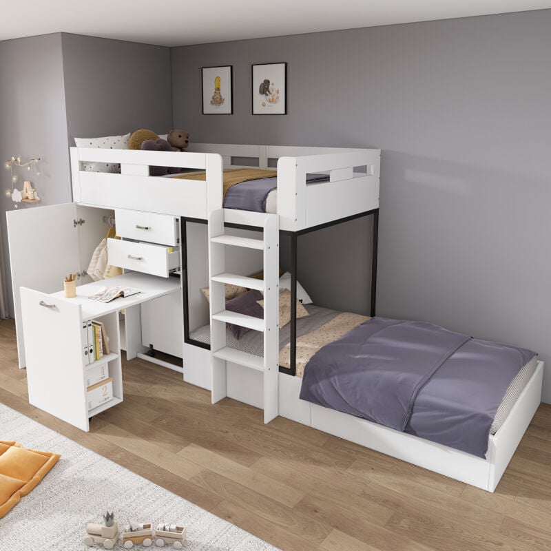 foto del prodotto letto a castello con scrivania estraibile e armadio, letto multifunzionale per bambini, letto a castello per bambini, con cassetto, ripiani e scale,