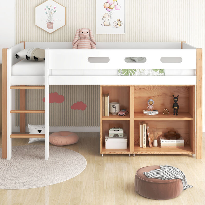 foto del prodotto letto a castello con spazio di stivaggio e armadio mobile, letto a soppalco con scala ad angolo retto a tre gradini, struttura letto in legno