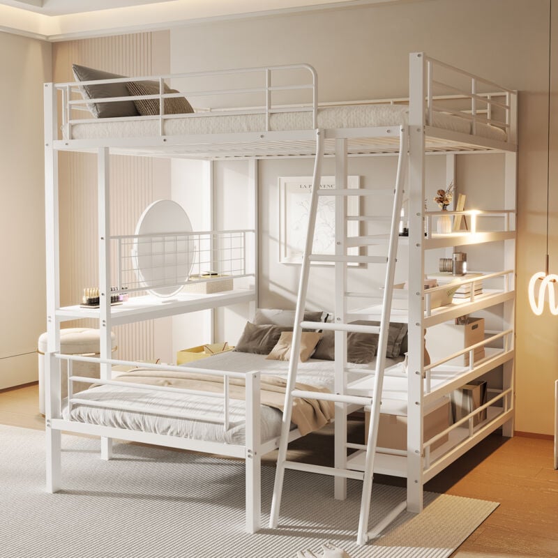 foto del prodotto letto a castello con struttura in metallo soppalco 140200, letto multifunzionale con diversi vani contenitore, bianco