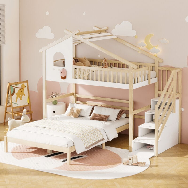 foto del prodotto letto a castello e letto soppalco cabina 90x200 cm 140x200 cm con protezione, scala di stoccaggio, pino, bianco