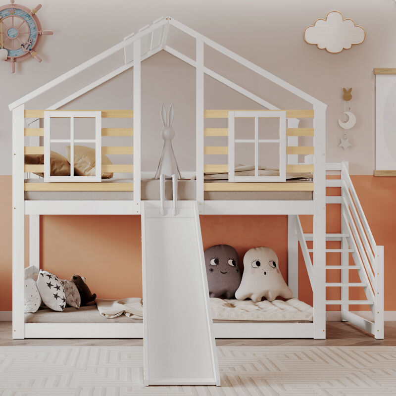 foto del prodotto letto a castello e soppalco per bambini 90 x 200 cm a forma di cabina con scivolo e protezione anticaduta, legno e mdf, 1 rete inclusa, bianco
