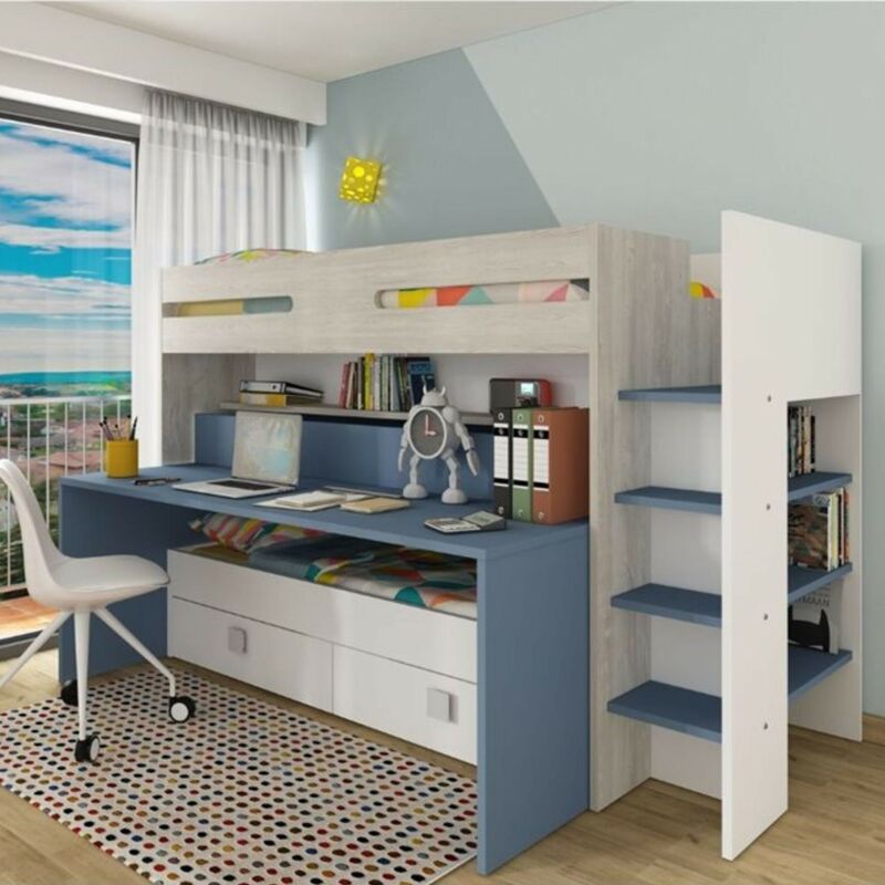 foto del prodotto letto a castello formy per bambino con scrivania e letto estraibili colore bianco e celeste