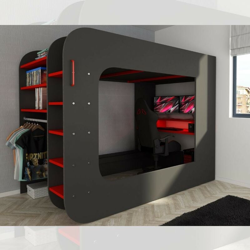 foto del prodotto letto a castello gamer per bambino con scrivania da gamer colore antracite e rosso
