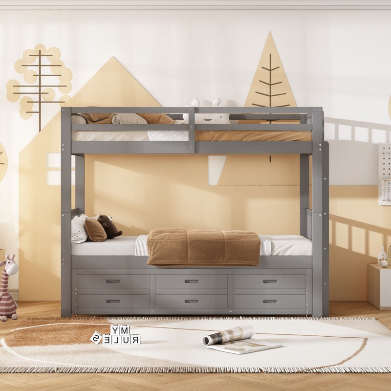foto del prodotto letto a castello gigognes 90 x 200 cm x 2 90 x 183 cm con 3 cassetti e scaletta, pino mdf, 3 posti, multiassemblaggio grigio