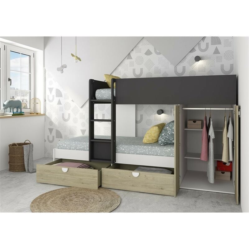 foto del prodotto letto a castello gilbo per due bambini con armadio e cassetti colore rovere e antracite