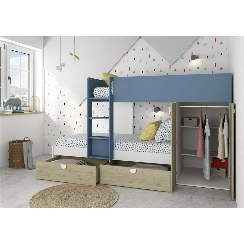 immagine 0 del prodotto letto a castello gilbo per due bambini con armadio e cassetti colore rovere e azzurro