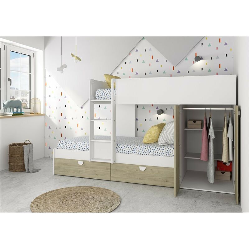 foto del prodotto letto a castello gilbo per due bambini con armadio e cassetti colore rovere e bianco