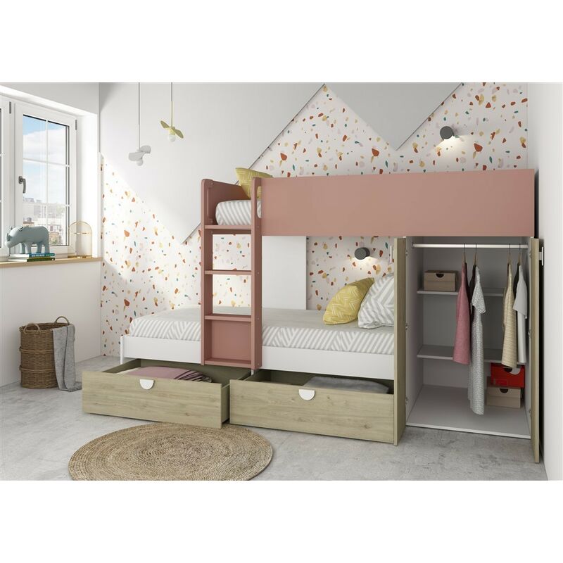 foto del prodotto letto a castello gilbo per due bambini con armadio e cassetti colore rovere e rosa antico