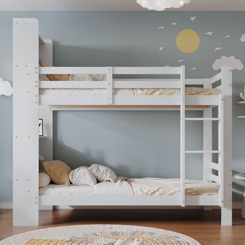 foto del prodotto letto a castello in legno 90 x 200 cm con ripiani e scala a 3 gradini ad angolo retto, bianco