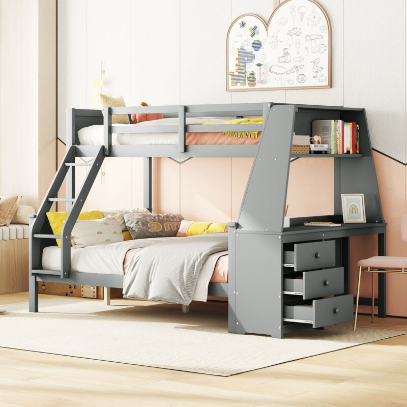 foto del prodotto letto a castello, lettino per bambini, attrezzato con tavolo, ampio spazio per riporre gli oggetti, sponda alta, grigio,90200cm140200cm
