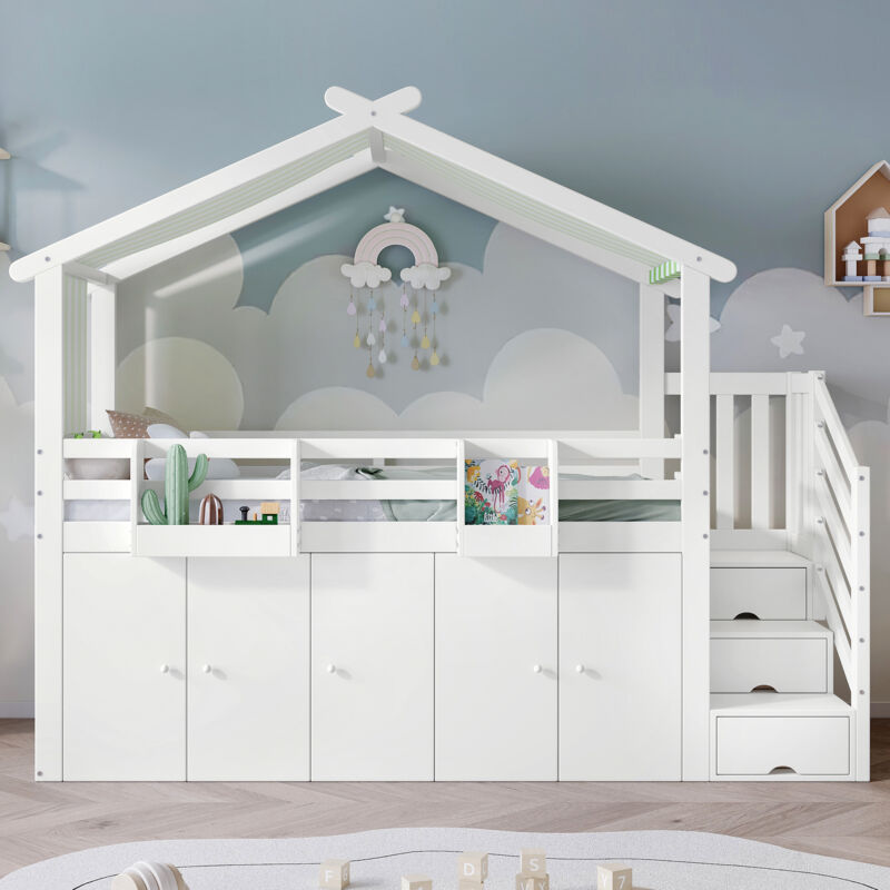 foto del prodotto letto a castello, lettino per bambini, con barriera di sicurezza, 1 armadio e 2 armadietti, con 3 armadietti sulle scale, tessuto a righe,