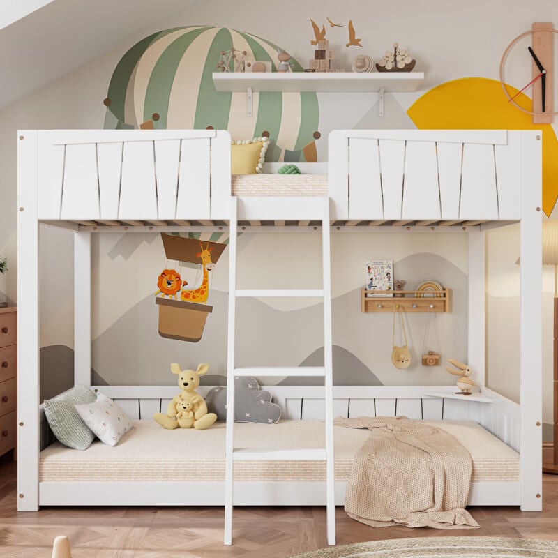 foto del prodotto letto a castello, lettino per bambini, con scala a tre gradini, rete a doghe stabile, ripiano aperto, design recinzione di sicurezza, lettino per