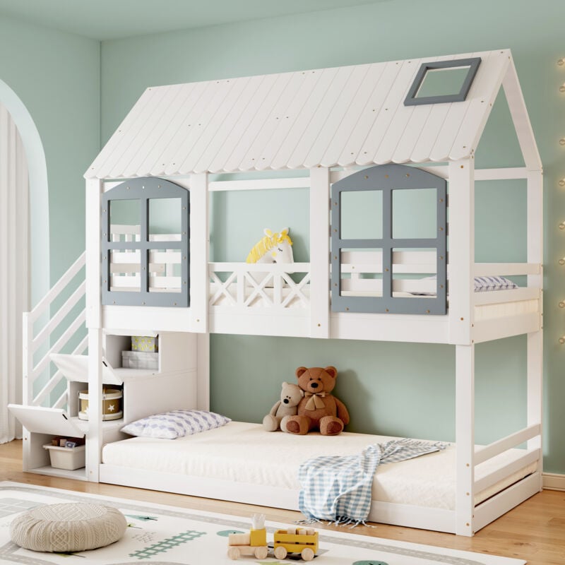 foto del prodotto letto a castello, lettino per bambini, lettino per bambini con tetto e finestra, con griglia anticaduta, con 3 armadietti sulle scale, molto spazio