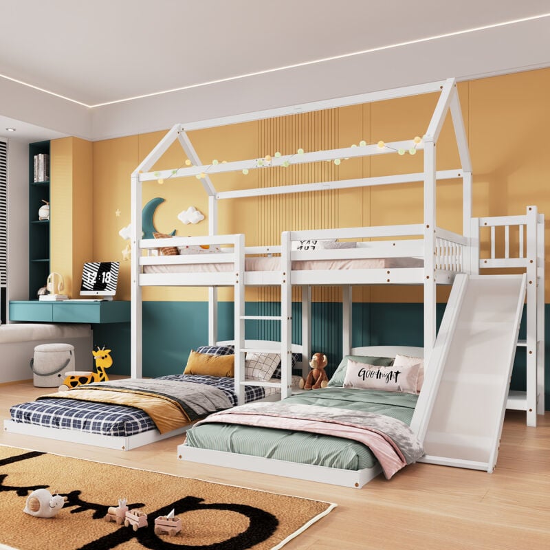 foto del prodotto letto a castello, letto a casa, lettino per bambini, letto a castello con scivolo, ripiano aperto, con scala a tre gradini, progettato con tre