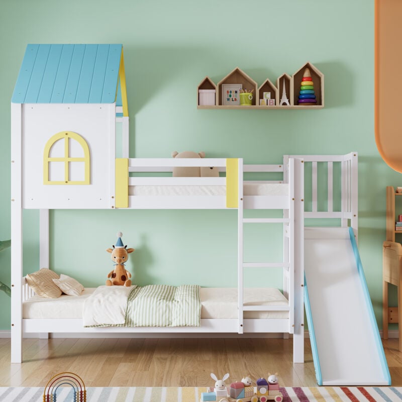 foto del prodotto letto a castello, letto a castello, lettino per bambini, lettino per bambini con tetto e finestra, con protezione anticaduta e griglia, con scala a