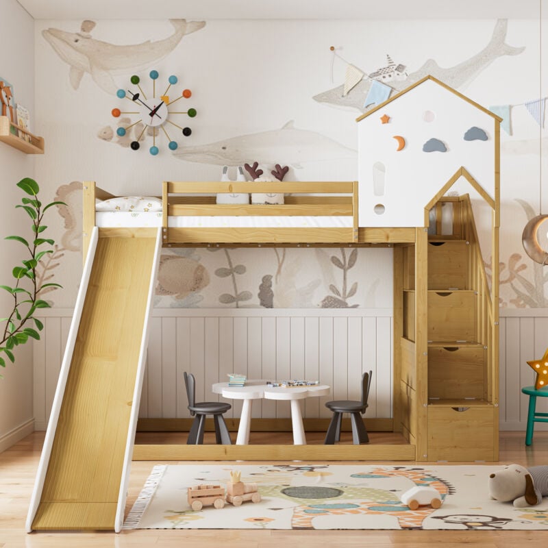 foto del prodotto letto a castello, letto a castello, lettino per bambini, letto con scala ad angolo, lettino per bambini con tetto e finestra, lettino per bambini con