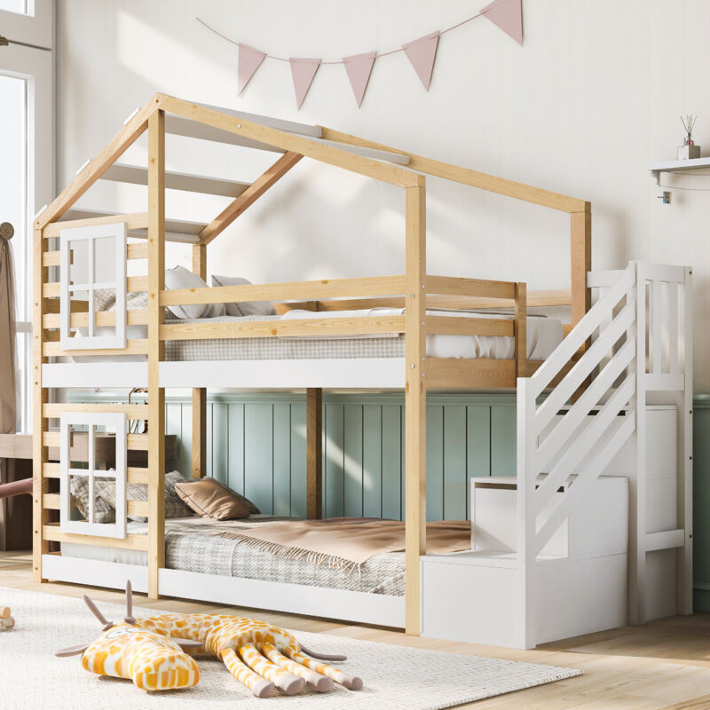 foto del prodotto letto a castello letto a castello per bambini 90x200 cm con scaletta contenitore, finestra e reti a doghe, senza materasso, naturale e bianco