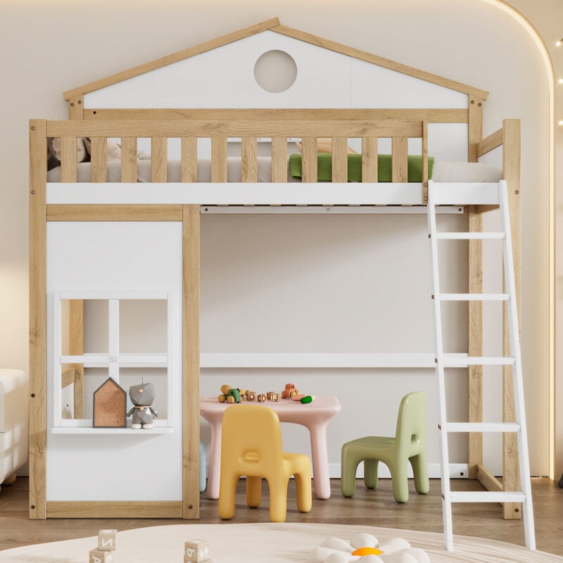 foto del prodotto letto a castello, letto a soppalco, con scaletta, con protezione anticaduta e griglia, letto per bambini con tetto e finestra, letto inferiore di