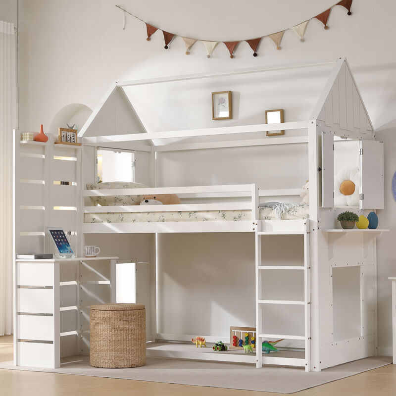 foto del prodotto letto a castello, letto a soppalco, letto per bambini con protezione anticaduta e griglia, con tavolo, ripiano aperto, due finestre, tanto spazio di