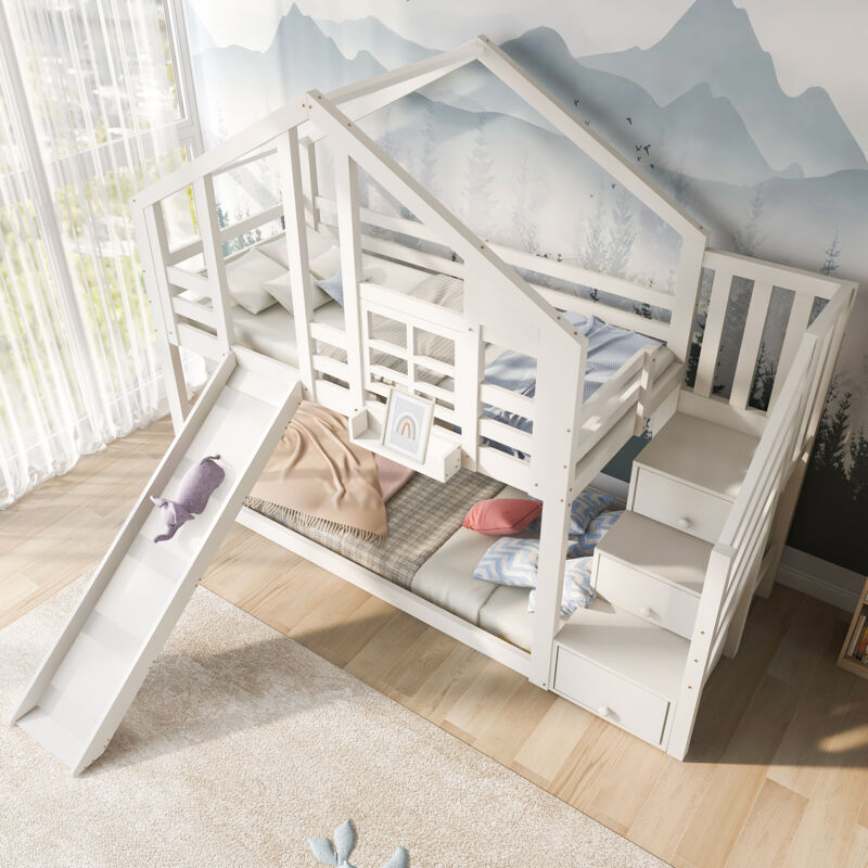 foto del prodotto letto a castello letto cabina per bambini 90x200 cm 2 posti con 3 cassetti e scivolo, doghe incluse, pino mdf, bianco