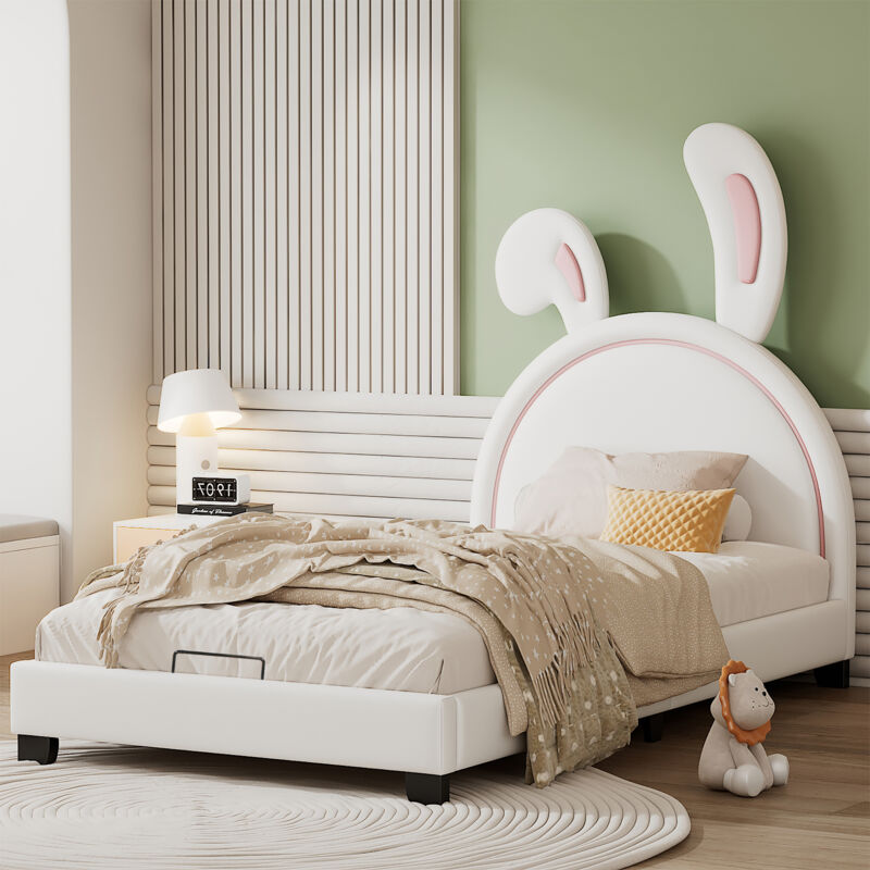 foto del prodotto letto a castello letto imbottito per bambini 90 x 200 cm a forma di orecchio di coniglio. beige