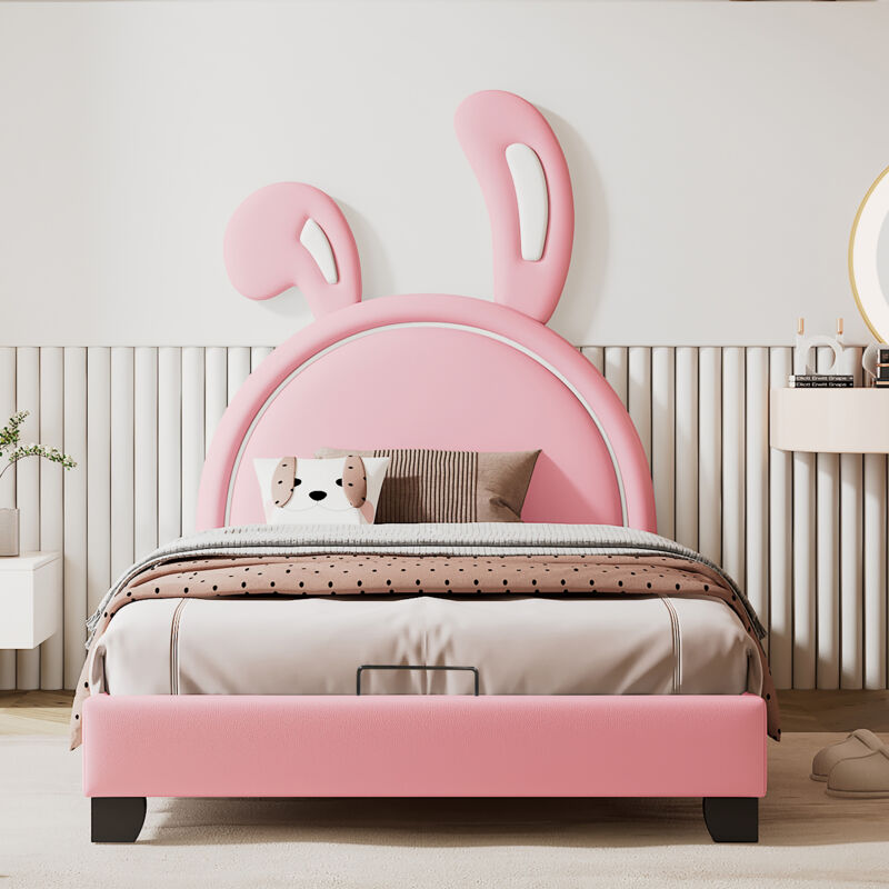 foto del prodotto letto a castello letto imbottito per bambini 90 x 200 cm a forma di orecchio di coniglio. rosa