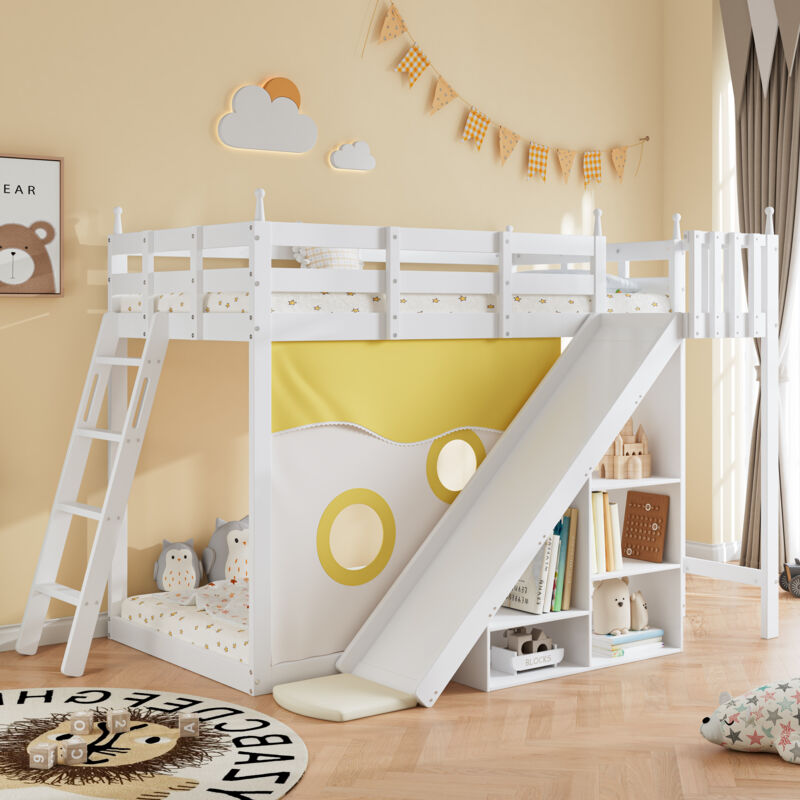 foto del prodotto letto a castello, letto in legno con scale e recinzioni, con tenda, scivolo e ripiano, lettino per bambini con protezione anticaduta e griglia,