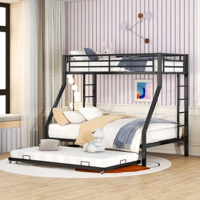 foto del prodotto letto a castello, letto in metallo con letto estraibile, con scaletta su entrambi i lati per bambini, ragazzi, adulti, facile da montare,