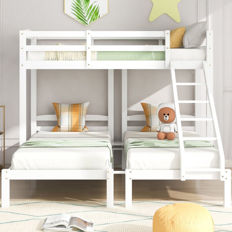 foto del prodotto letto a castello, letto per 3 bambini, lettino per ragazzi, 90 x 200 cm, scala e protezione anticaduta, bianco