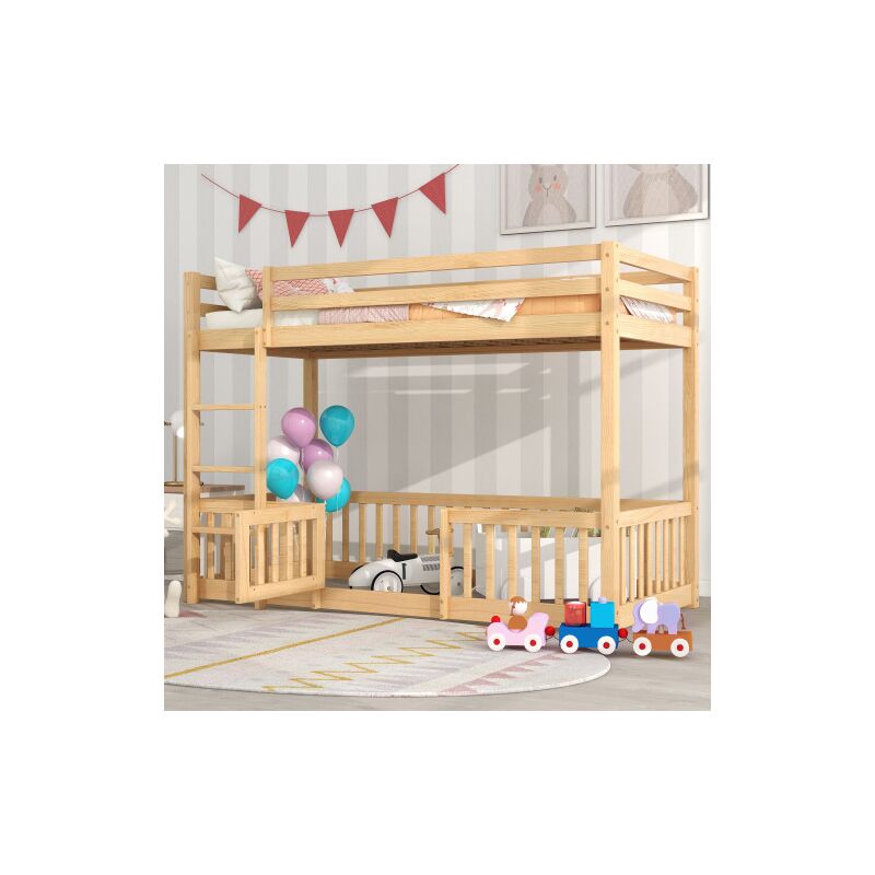 foto del prodotto letto a castello, letto per bambini, 200x90 cm, con scala ad angolo retto, barriere e porte, protezione anticaduta, legno, naturale