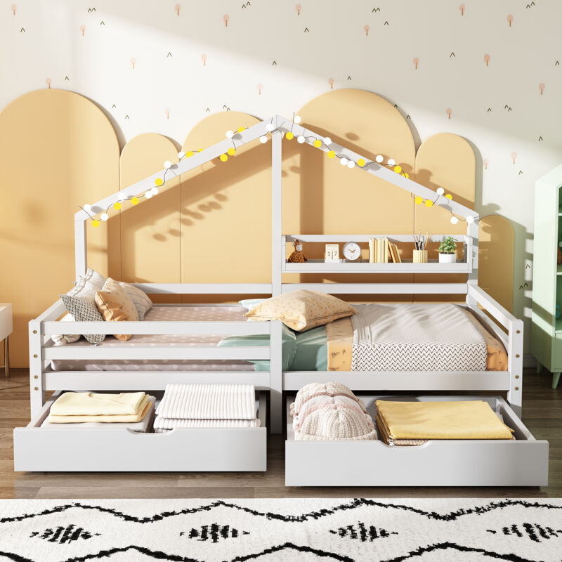foto del prodotto letto a castello letto per bambini 90 x 200 cm con ripiano portaoggetti e 2 cassetti, forma camino, legno di pino, bianco