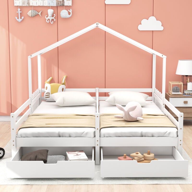 foto del prodotto letto a castello letto per bambini 90 x 200 cm per 2 bambini con 2 cassetti e rete a doghe, in pino. bianco