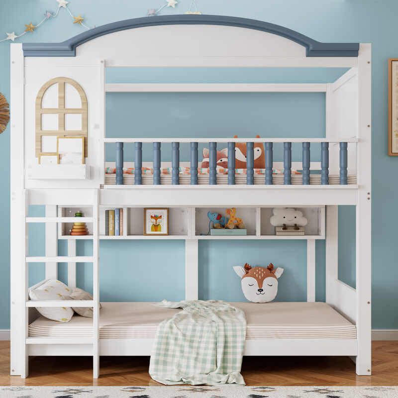 foto del prodotto letto a castello, letto per bambini con protezione anticaduta e griglia, con tetto e finestra, ripiano aperto, squisita recinzione in legno massello,