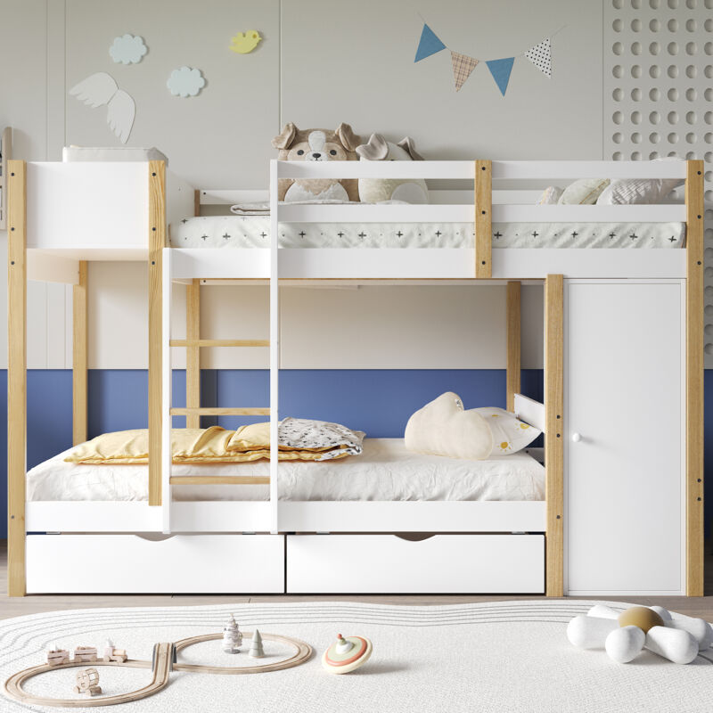 foto del prodotto letto a castello, letto per bambini, con scaletta a tre gradini, 2 armadietti, due cassetti su ruote, pino mdf, bianco naturale, 90x200cm