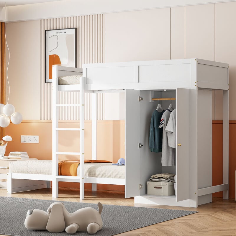 foto del prodotto letto a castello matrimoniale, letto per bambini 90x200 cm con scaletta di sicurezza e armadio, rete a doghe inclusa, in legno, bianco