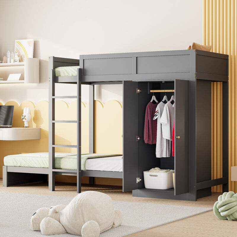 foto del prodotto letto a castello matrimoniale, letto per bambini 90x200 cm con scaletta di sicurezza e armadio, rete a doghe inclusa, in legno, grigio