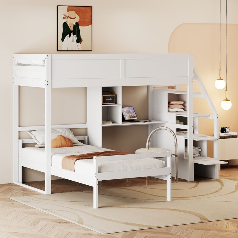 foto del prodotto letto a castello matrimoniale, letto per ragazzi 90x200 cm con scrivania e rete a doghe, letto in pino, bianco
