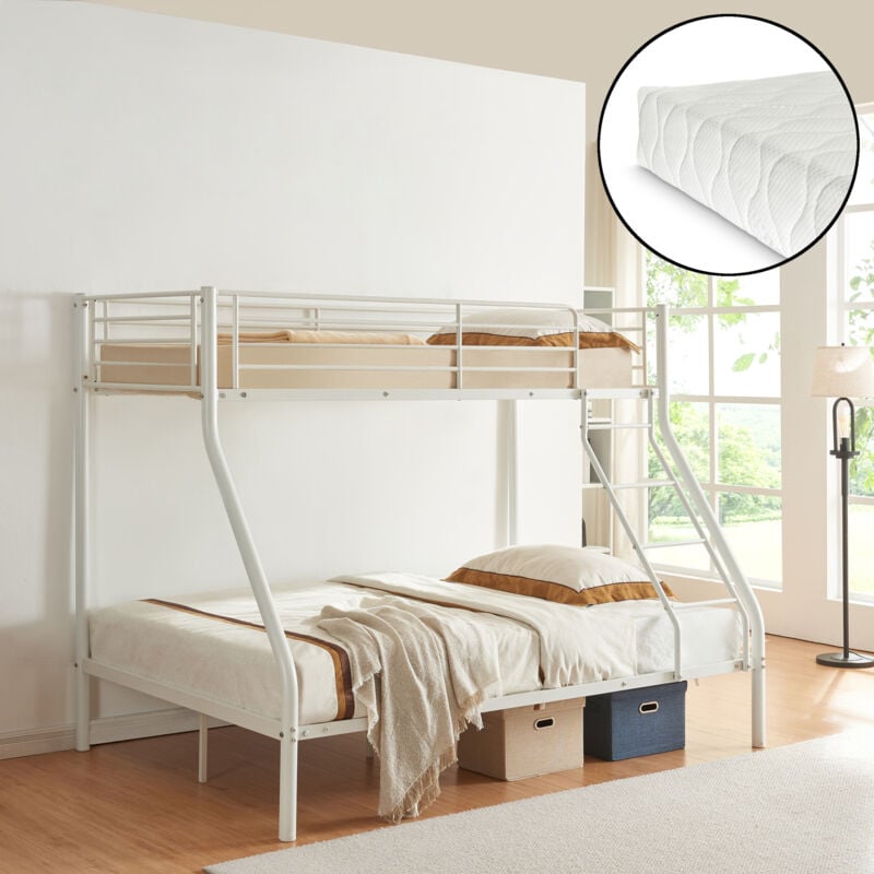 foto del prodotto letto a castello metallo 2 materassi a schiuma fredda barriera anticaduta 200cm x 140 90cm letto per bambini bianco neu.haus 