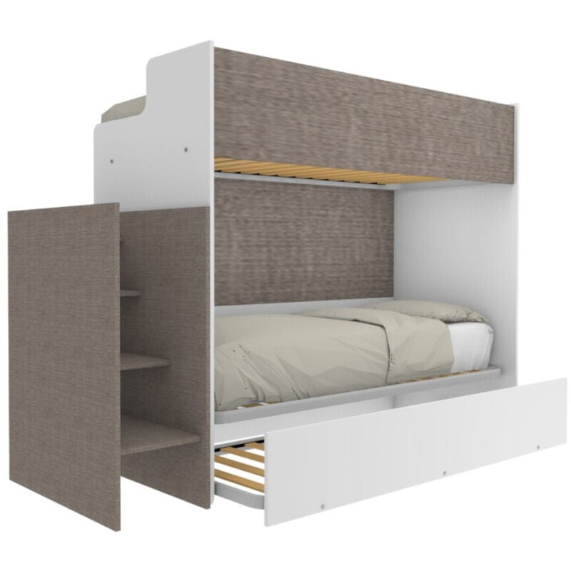 foto del prodotto letto a castello minimalista con terzo letto estraibile bianco e fumo