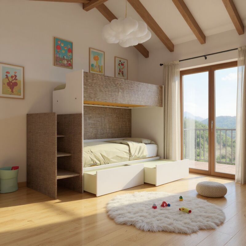 foto del prodotto letto a castello minimalista con terzo letto estraibile bianco e fumo