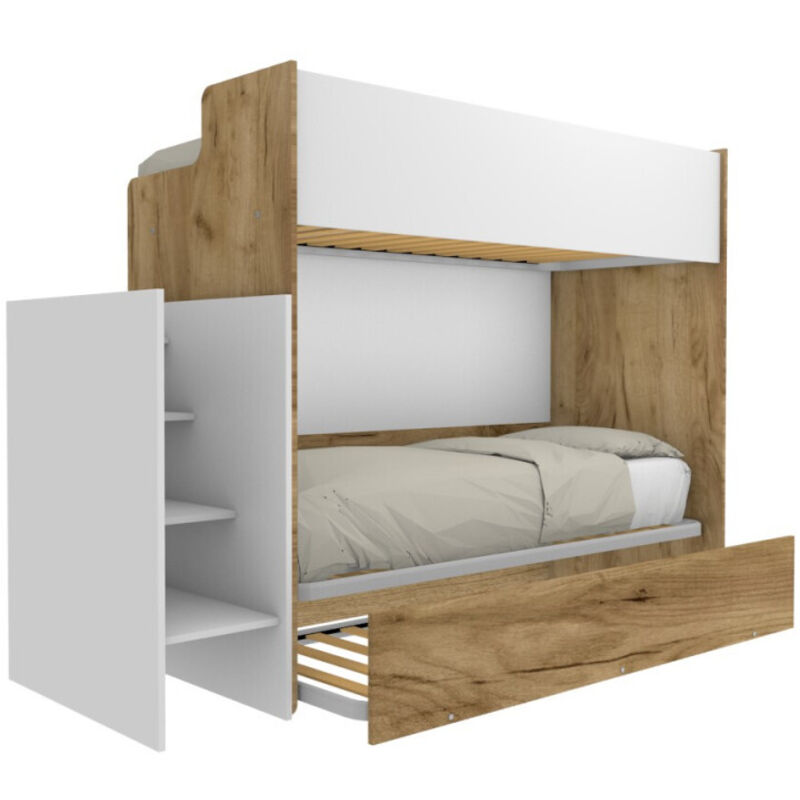 foto del prodotto letto a castello minimalista con terzo letto estraibile quercia e bianco