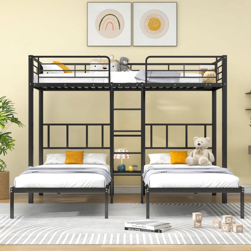 foto del prodotto letto a castello per 3 persone 90 x 200 cm per bambini e adolescenti con barriera di sicurezza, nero