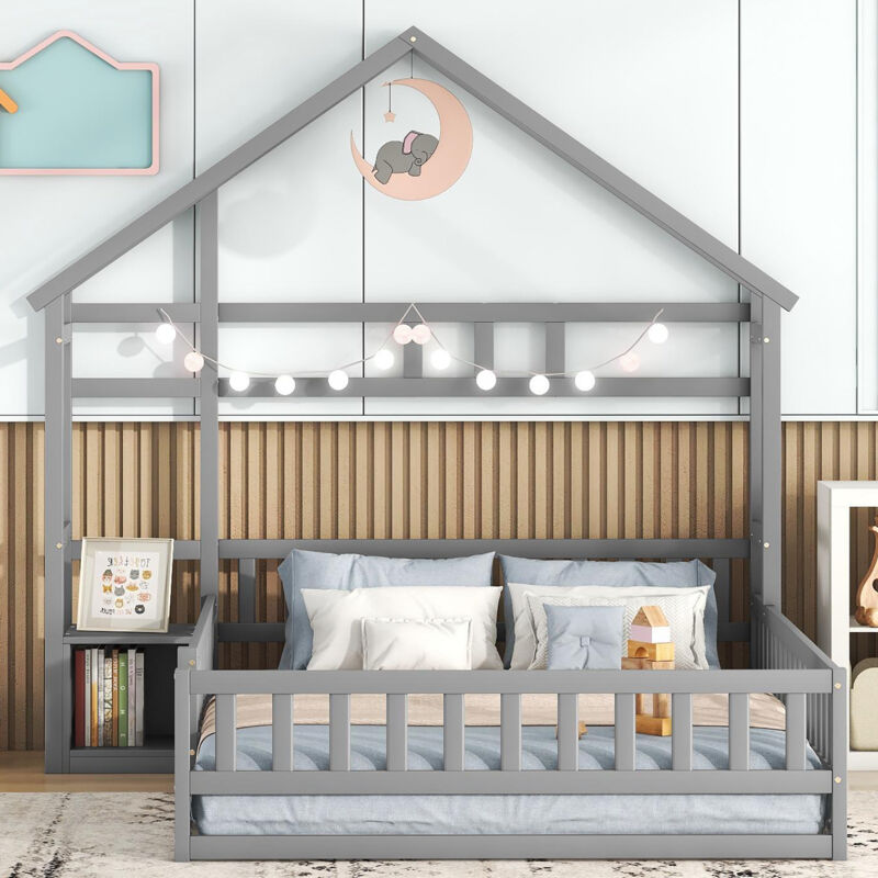 foto del prodotto letto a castello per bambini 140 x 200 cm con balaustra e comodini. grigio