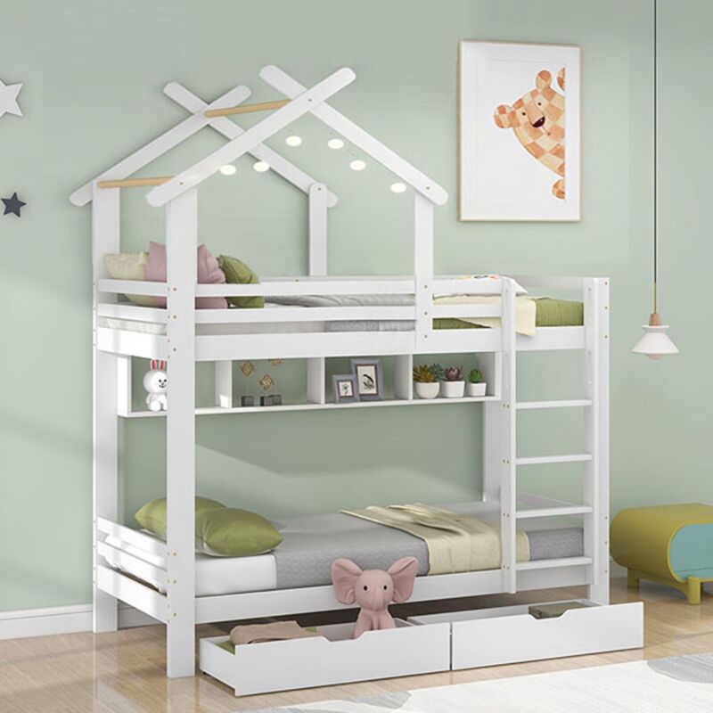 foto del prodotto letto a castello per bambini 2 x 90 x 200 cm con 2 cassetti e 4 nicchie portaoggetti. bianco
