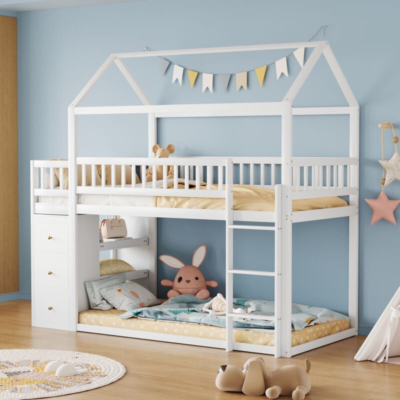 foto del prodotto letto a castello per bambini 90 x 200 cm, a forma di casetta, design con recinzione di sicurezza, con box portaoggetti e ripiani, letto a soppalco