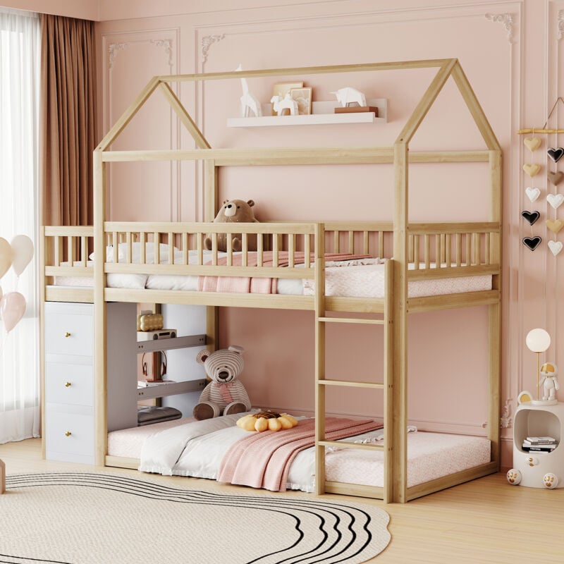 foto del prodotto letto a castello per bambini 90 x 200 cm, a forma di casetta, design con recinzione di sicurezza, con box portaoggetti e ripiani, letto a soppalco